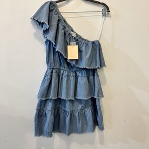 Mink Pink One Shoulder Denim Ruffle‎ Dress Size M